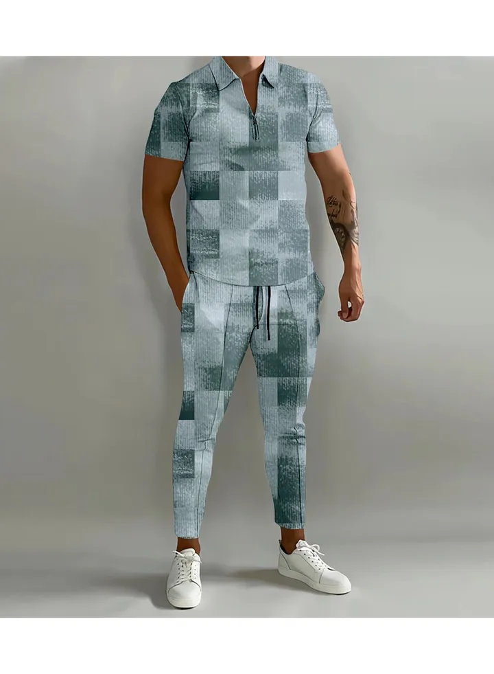 New Men's 3D Printed Gradient Short Sleeved Polo Pants Casual Two-Piece Set