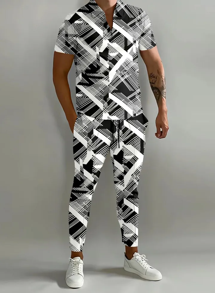 New Men's 3D Printed Gradient Short Sleeved Polo Pants Casual Two-Piece Set