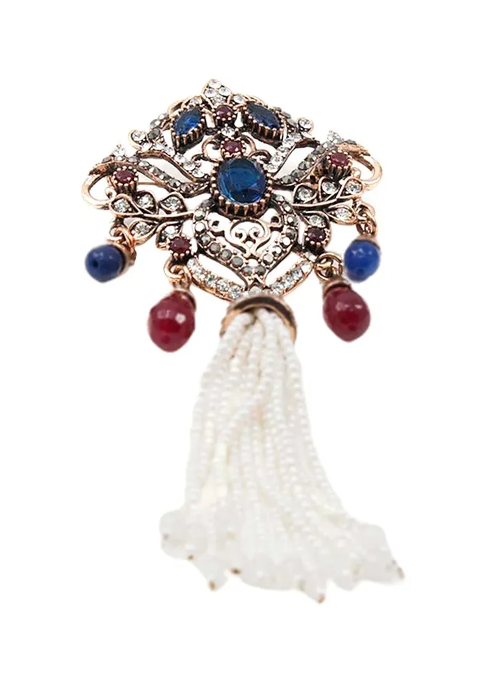 Stone Embellished Tassel Brooch