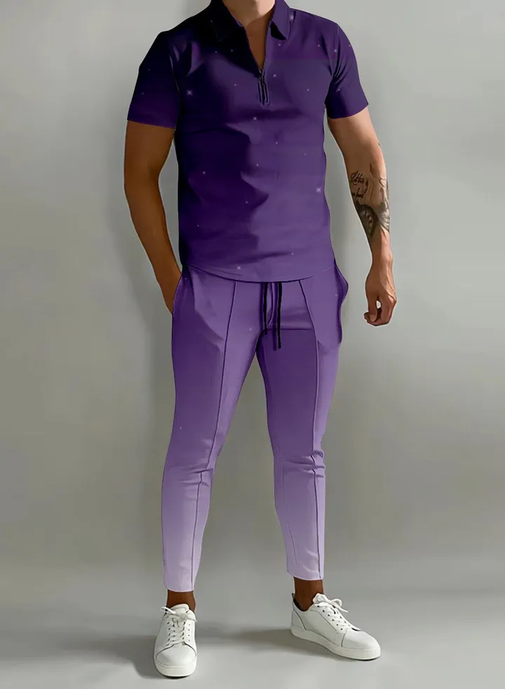 New Men's 3D Printed Gradient Short Sleeved Polo Pants Casual Two-Piece Set