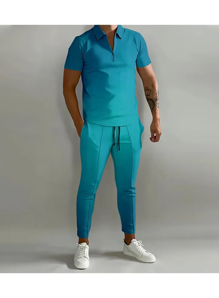 New Men's 3D Printed Gradient Short Sleeved Polo Pants Casual Two-Piece Set