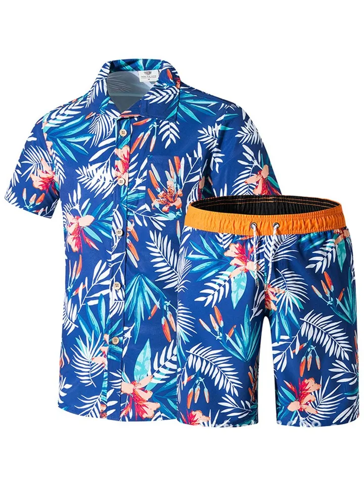 2Pcs Men's Sport Loose Breathable Swimming Leaf Shorts Blue