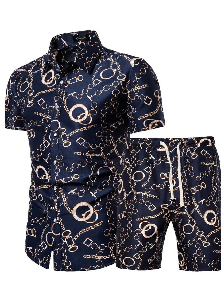 Men's Short Sleeved Shirt Set, Men's Casual Printed Shirt Shorts Two-piece Set