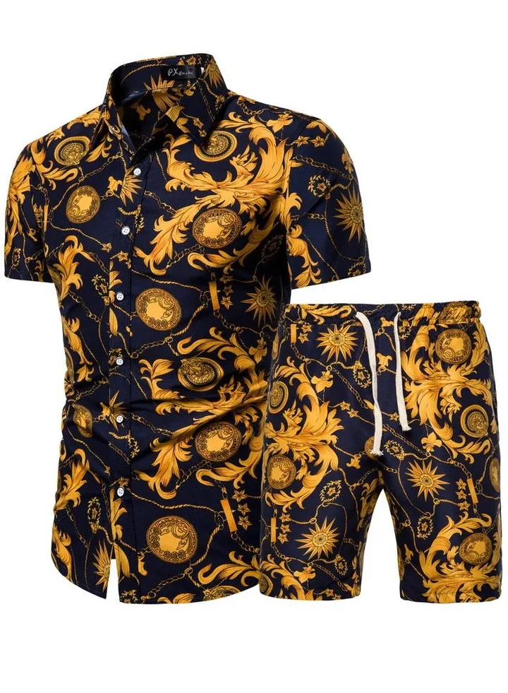 Men's Short Sleeved Shirt Set, Men's Casual Printed Shirt Shorts Two-piece Set