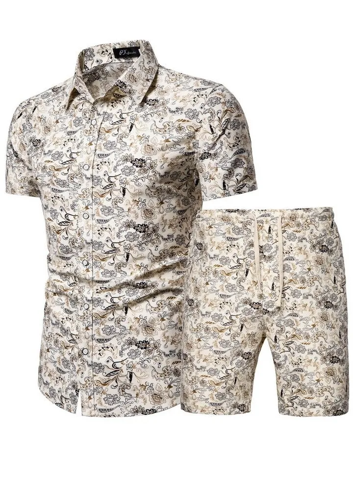 Men's Short Sleeved Shirt Set, Men's Casual Printed Shirt Shorts Two-piece Set