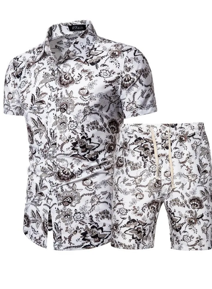 Men's Short Sleeved Shirt Set, Men's Casual Printed Shirt Shorts Two-piece Set