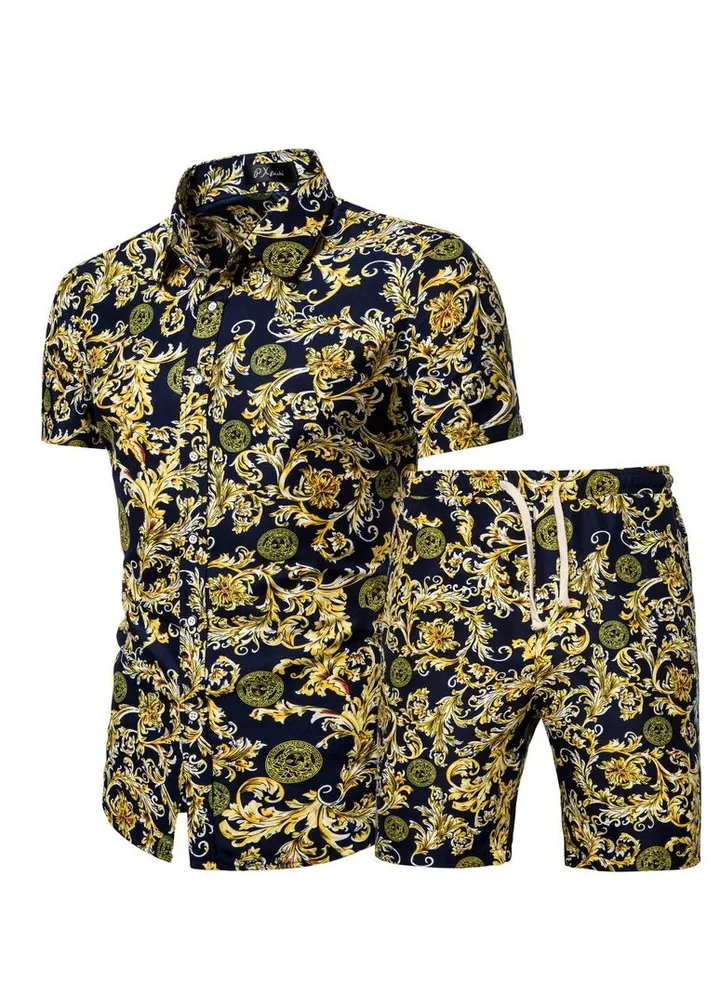 Men's Short Sleeved Shirt Set, Men's Casual Printed Shirt Shorts Two-piece Set