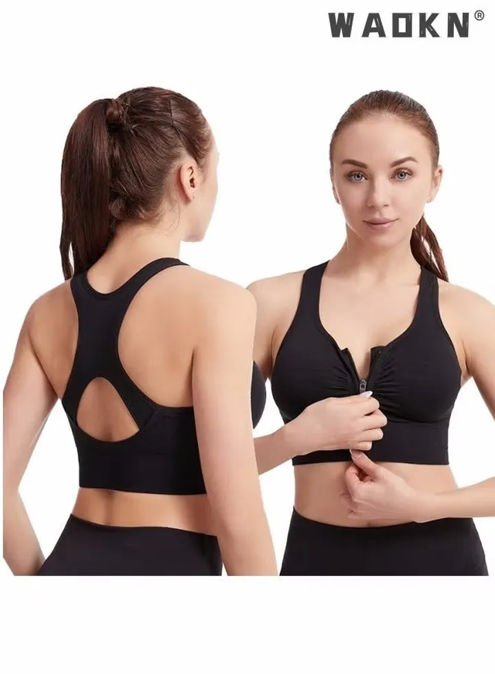Women Yoga Fitness Bra Front Zipper Adjustable Sports Vest Back Cutout No Steel Ring Bra Shockproof Gathered Running Yoga Fitness Bra Hollowed Out Beautiful Back Front Zipper Sports Underwear Women