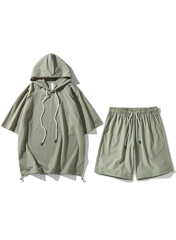 New Hooded Casual Loose Hooded Short Sleeve Two Piece Set