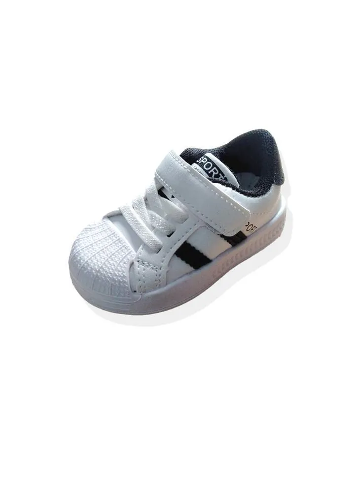 Kids black strpies white shoes with velcro and laces
