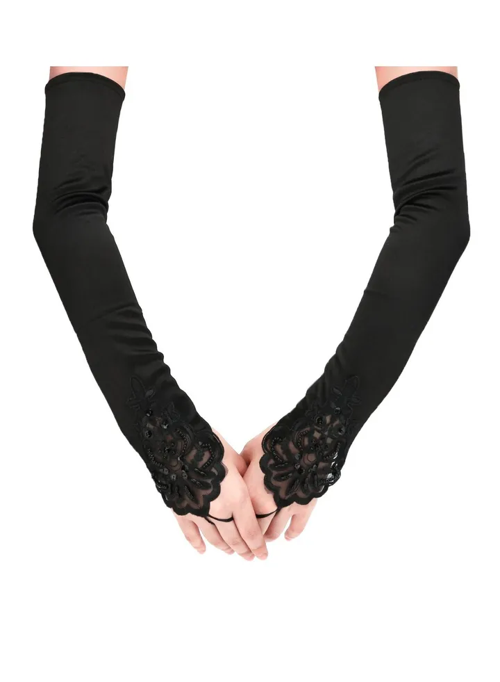 Party Gloves, Fingerless Long Gloves, Elegant Pierced Elbow Length Satin Gloves, Black Satin Opera Gloves, 1920s Gloves Evening Party Dance Gloves, Formal Bridal Banquet Tea Party Wedding for Women