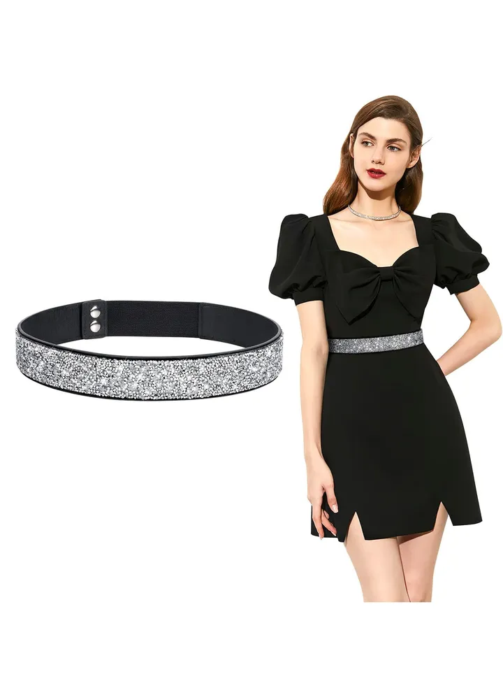 Rhinestone Elastic Belt for Women, Stretchy Shiny Crystal Belt Bling Wide Waist Belt for Women Dress (S)