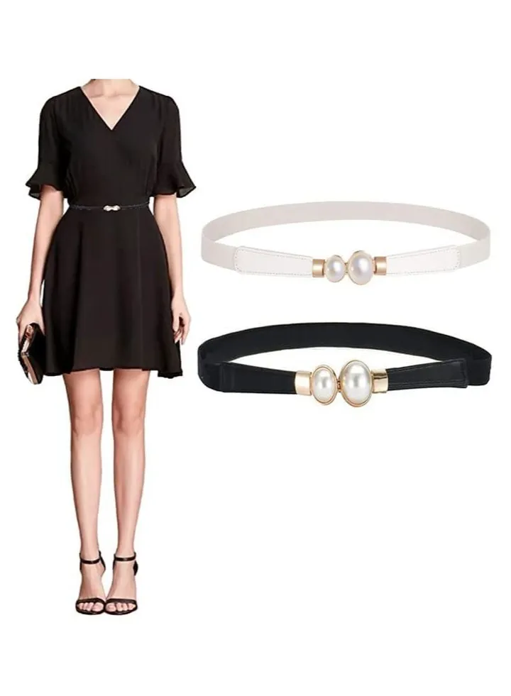 Women Skinny Elastic Waist Belt,Fashion Ladies Stretchy Pearl Belt Thin Belt for Dresses, 2pcs Fashion Simple Style, Creative Pearl Buckle Elastic Elastic Belt