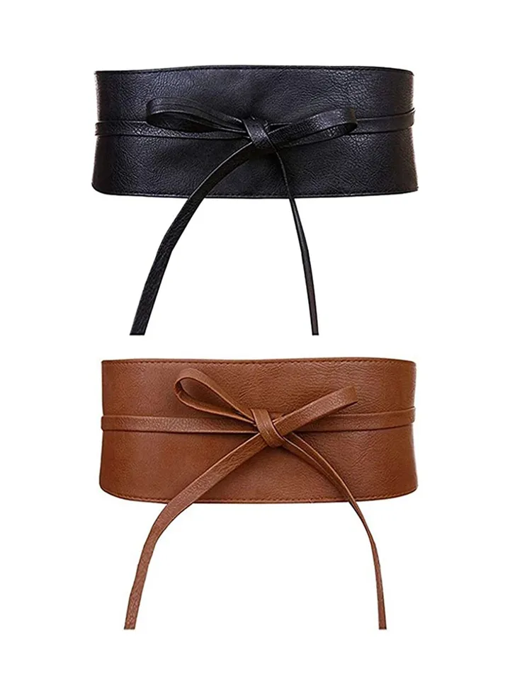 2 Women's Belts Leather Wide Belt Ties and Wraparound Bows