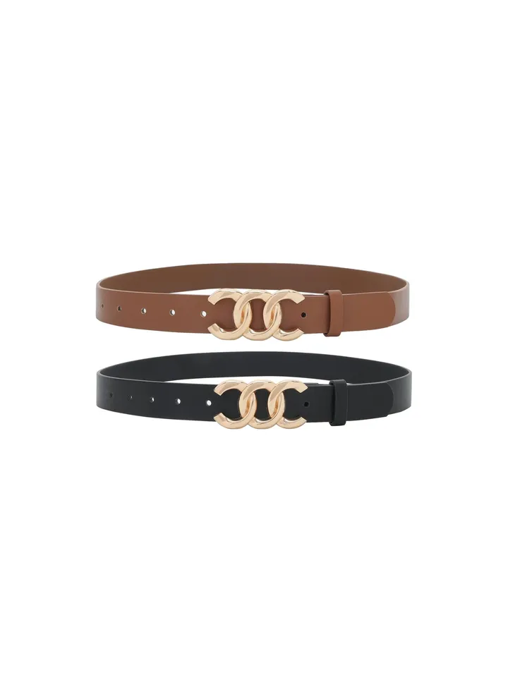 2 Pcs Womens Dress Belt, Leather Gold Buckle Belt Fashion Belt for Jeans Dresses Pants, Black and Brown