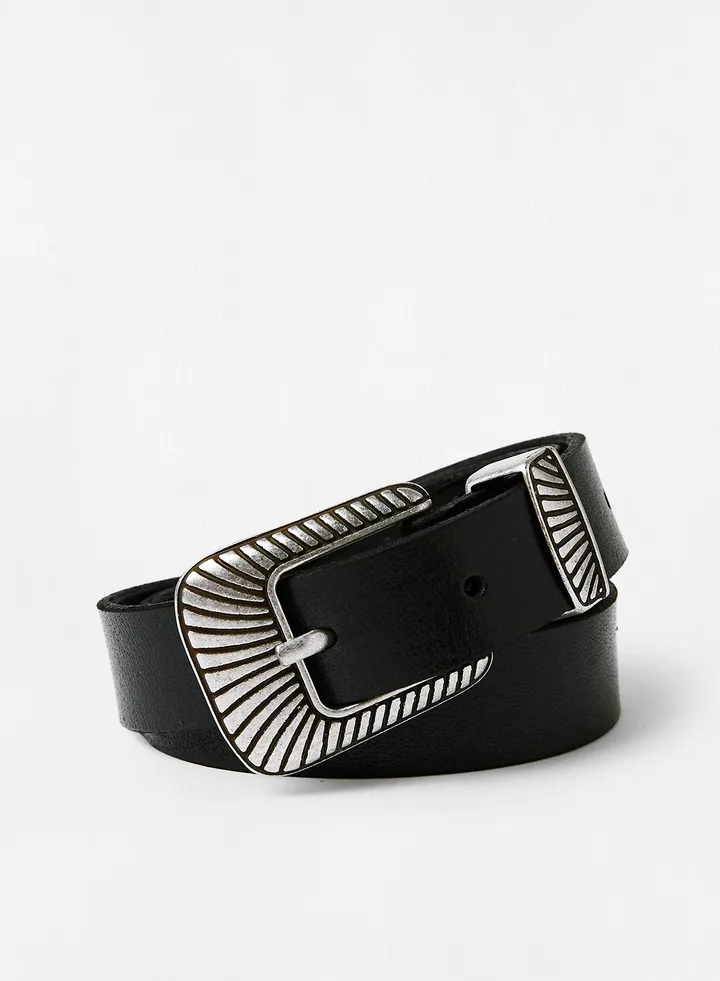 Textured Buckle Leather Belt Black