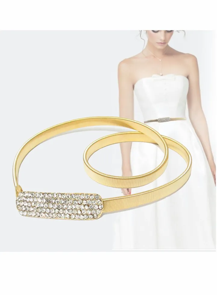Women Metal Belt, Elastic Skinny Belt Waich Waist Belts Fashion Belly Gold Chain Waistband with Rhinestone Buckle for Dress, Jeans Pants