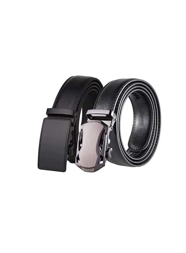 Men's Belt, Leather Ratchet Dress Belt Adjustable Sliding Buckle, Automatic Buckle (2 PCS)