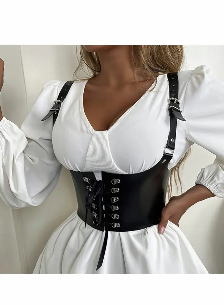 Leather Wide Waist Belt Women Tied Cinch Underbust Corset Belts Punk Harness Waist Strap for Dresses Costume Rave Body Accessory