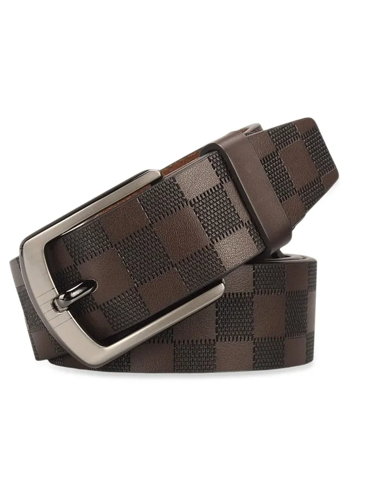 Mens Leather Belt Checkerboard Embossed Genuine Leather Belt Adjustable Belts For Jeans Pants Suits Casual Dress Belts