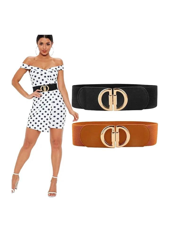 Women's Retro Stretch D-Shaped Buckle Wide Belt 2pcs Fashion Simple Style PU Leather Elastic Belt for Dresses Jeans Jumpsuit Coat Waist Casual Stretch Elastic Wide Waistband