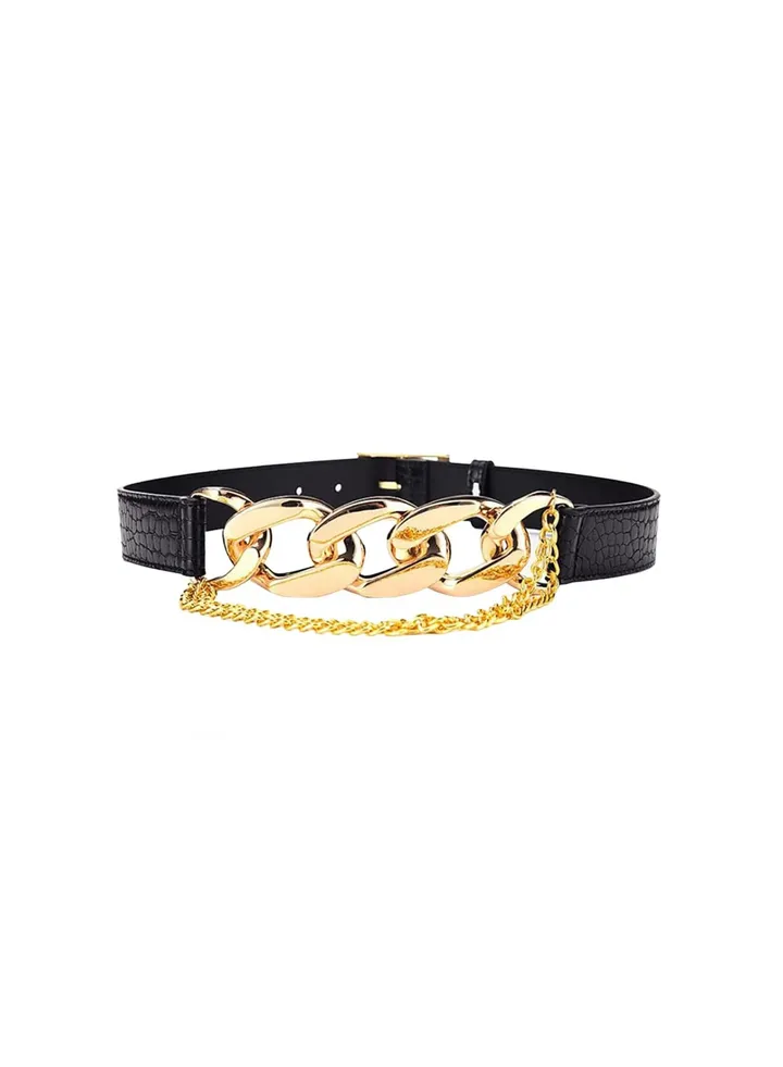 PU Leather High Waist Belt, Women Gold Chain Belt, Chunky Punk Style Belt, Skinny Dress Belt Dress Belt Black
