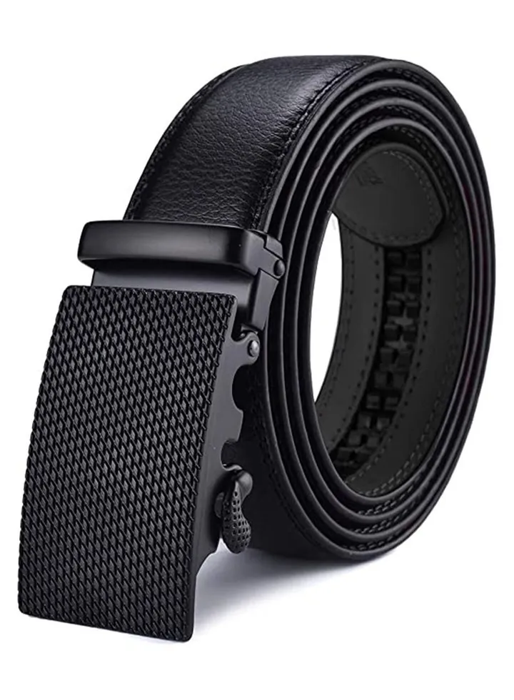 Leather Ratchet Dress Belts with Automatic Buckle Belt Fashion Soft Comfortable and Durable Quality Adjustable Trim to Fit Black