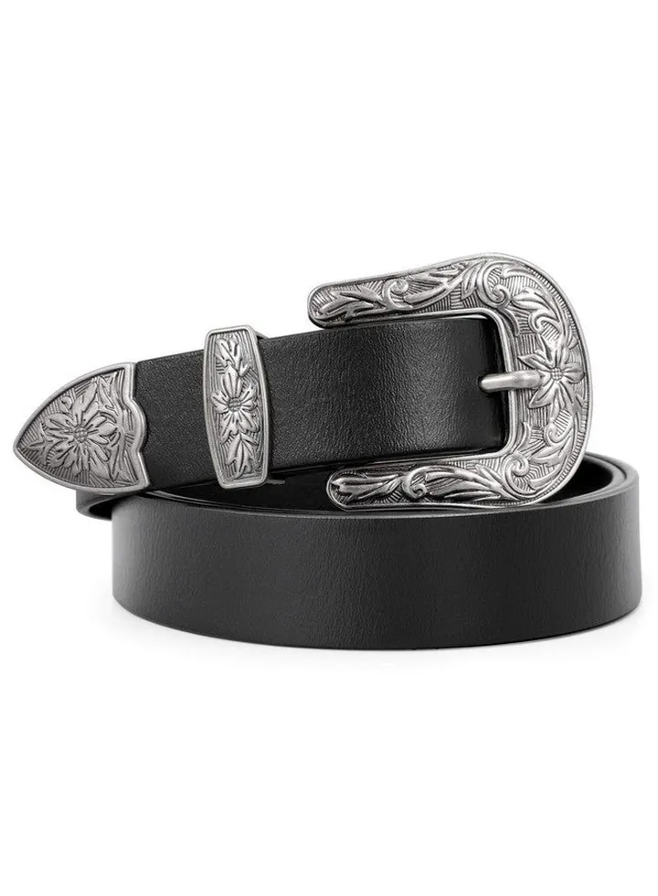 Women Leather Belt For Jeans Pants Ladies Black Belt For Dress With Western Silver Buckle Blackmedium(Length 43.3 Inches Suit For Waist Size 27"36")