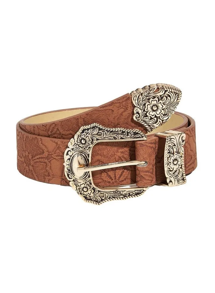Women'S Western Cowgirl Buckle Pu Leather Waist Belts Vintage Belt Brown 80