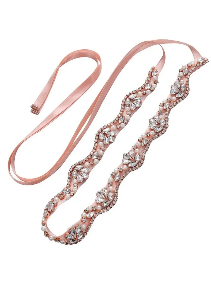 Rose Gold Rhinestone Pearl Wedding Bridal Belt Sashes With Blush Ribbon For Prom Bridesmaid Dress