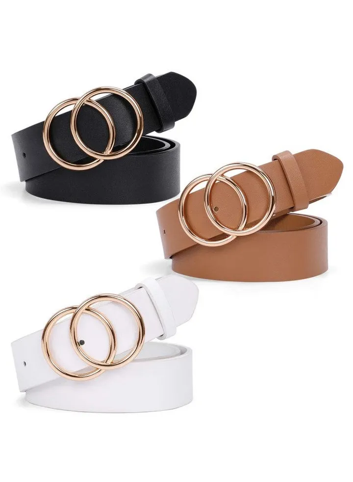 Women Leather Belt Fashion Double Oring Soft Faux Leather Waist Belts For Jeans Dress
