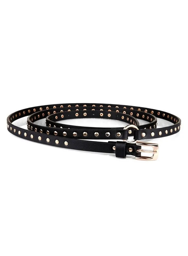 Women'S Fashion Black Double Punk Thin Studded Genuine Leather Jean Belt (190Cm Black)
