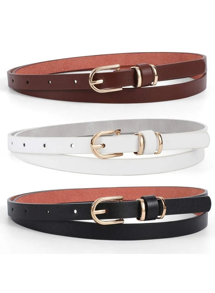 Women Skinny Leather Belt For Dress For Jeansladies Waist Belt With Gold Buckle (Dblack+Coffee+White Suit Pants Size 43"47")