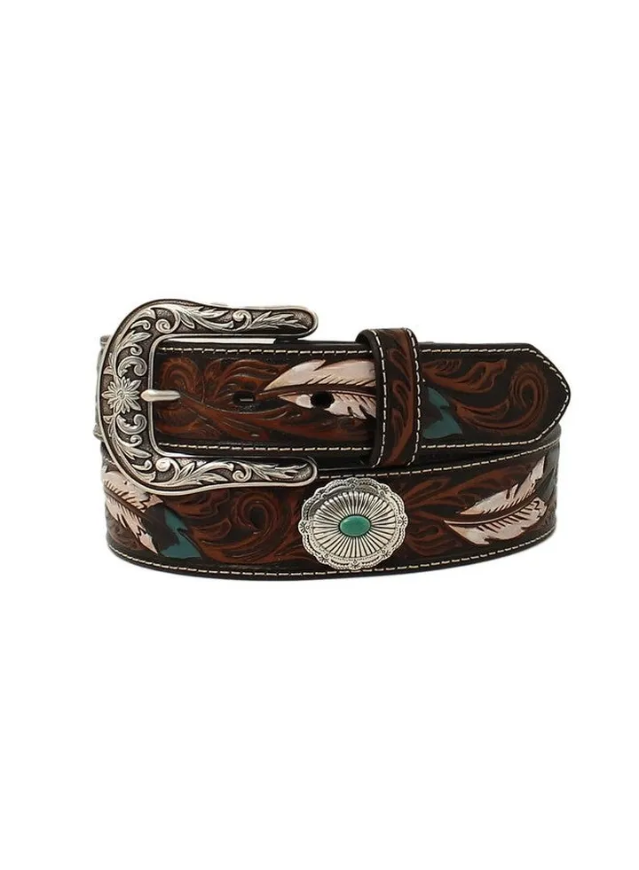 Ladies Belt Feather Floral Embossed Oval Concho Small Brown