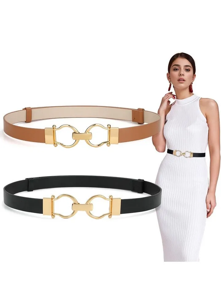 2 Pack Women Leather Skinny Belts Ladies Thin Waist Belt With Gold Buckle For Dresses Pants Black+Brown Up To 37 Inches
