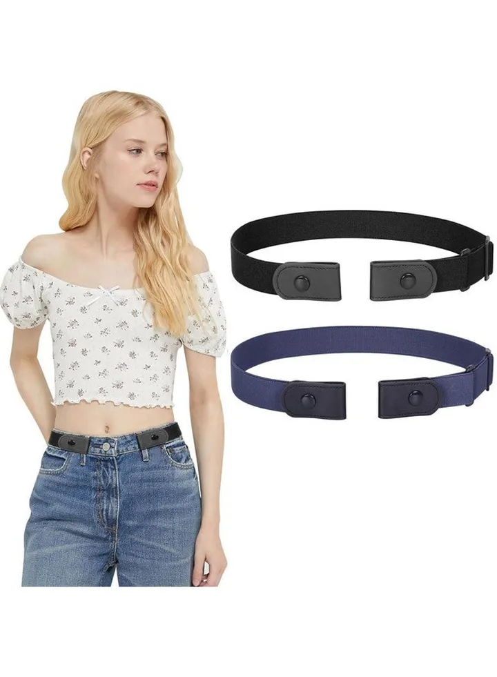 2 Pack No Buckle Belt For Women And Men Buckle Free Belt Plus Size For Jeans Pants (Black+Blue(No Nicklemetal) Pants Size 24"36")