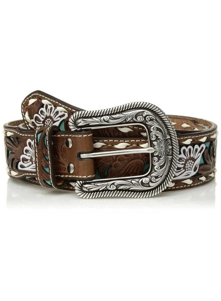 Women'S Painted Flower Buck Turquoise Inlay Belt Brown Large