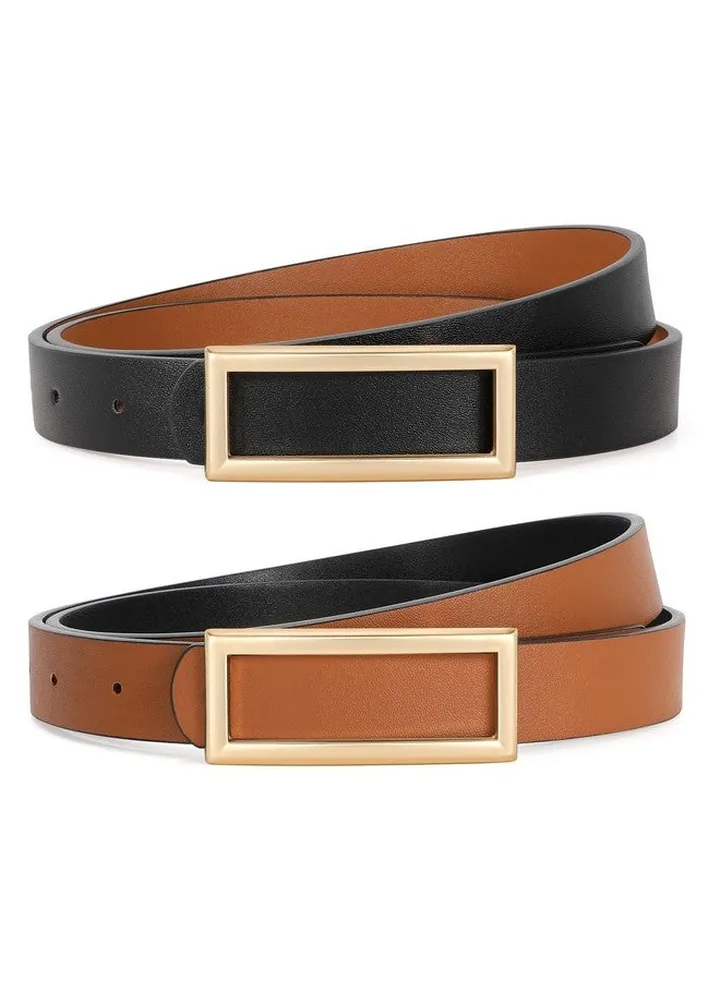 Women Reversible Belt Fashion Faux Leather Ladies Thin Waist Belt For Jeans Pants Dresses With Square Buckle