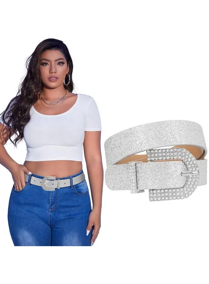 Women Rhinestone Buckle Belt Bling Fashion Girls Soft Faux Leather Belt For Jeans Pant Dress Sweater