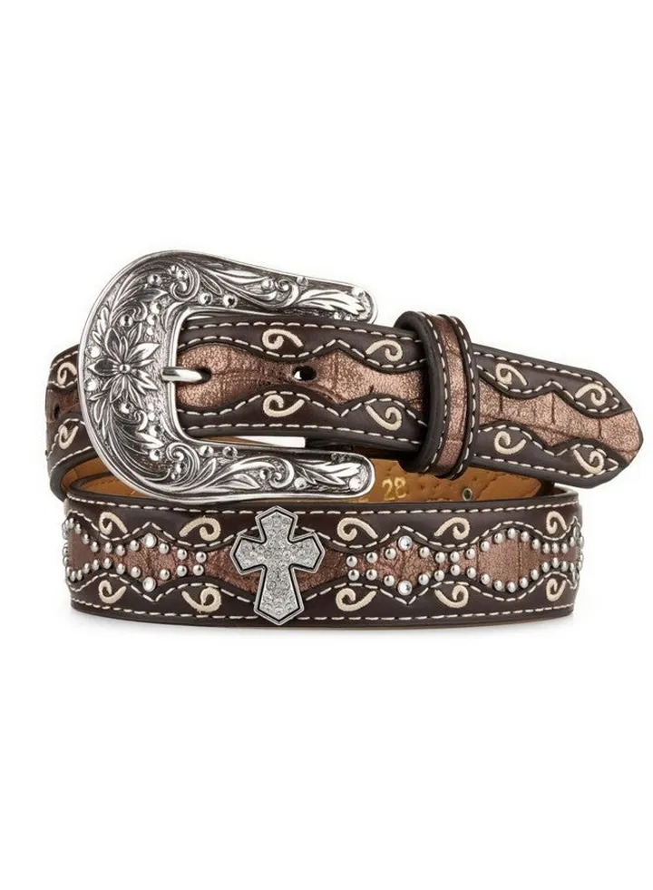 Girls Belt With Rhinestone Cross Conchos Faux Crocodile Leather Brown Size 24