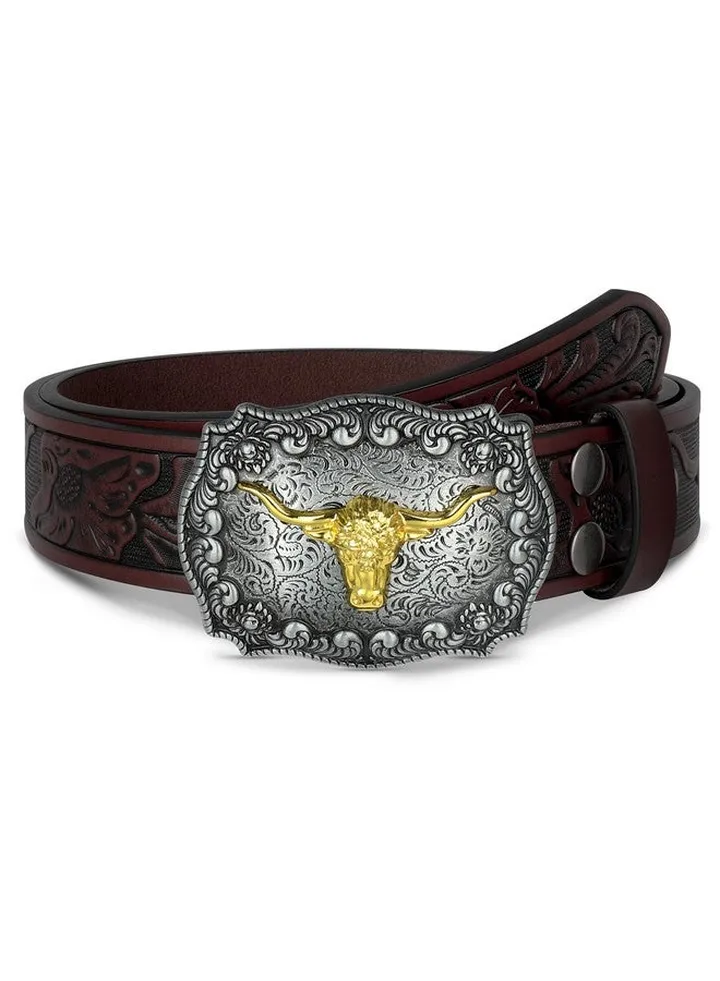 Western Belts For Men Women Genuine Leather Cowboy Cowgirl Belt Longhorn Bull Buckle Floral Engraved Belt