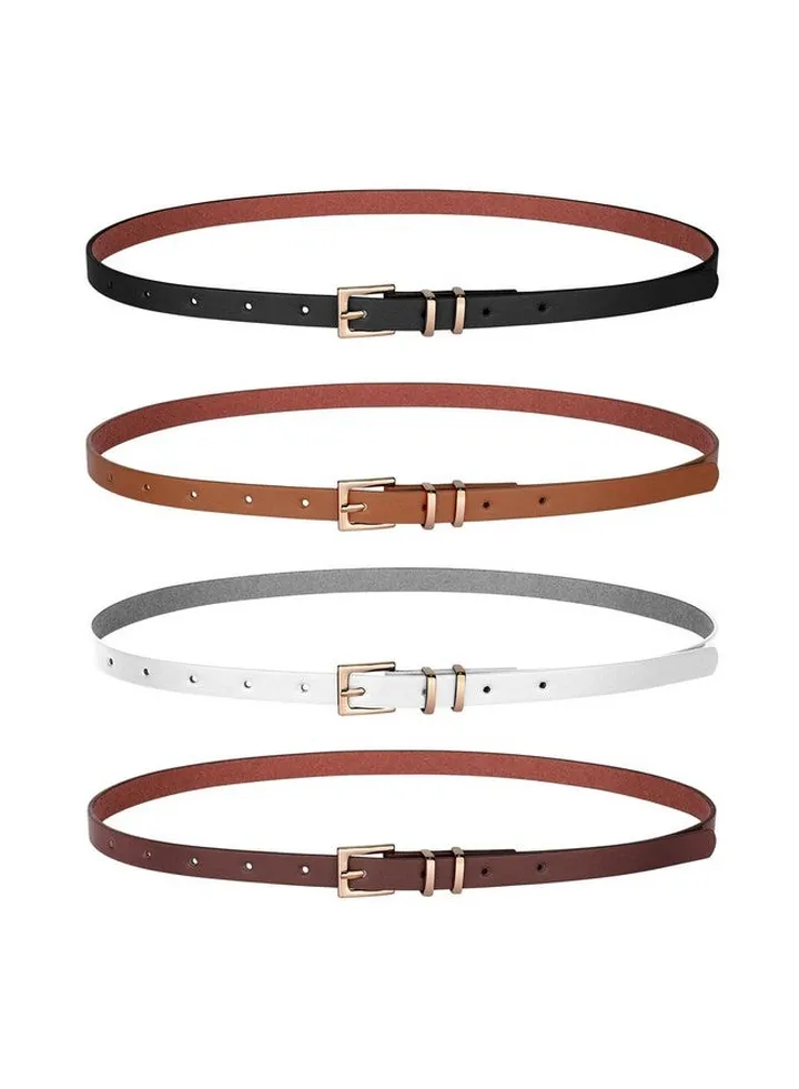 4 Pack Women Skinny Leather Belt Thin Waist Belt With Gold Buckle For Jeans Pants Dress