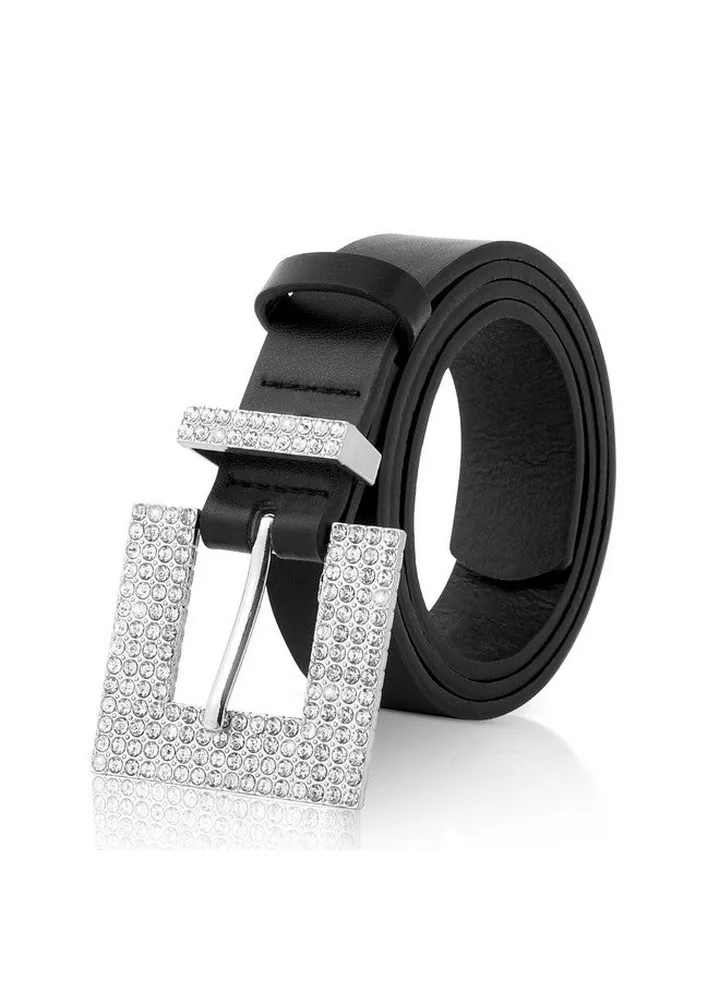 Rhinestone Buckle Belt For Women Bling Black Leather Belts For Jeans Pants Silver Buckle Ladies Dress Belt (Silver Square Buckleblack130Cm)