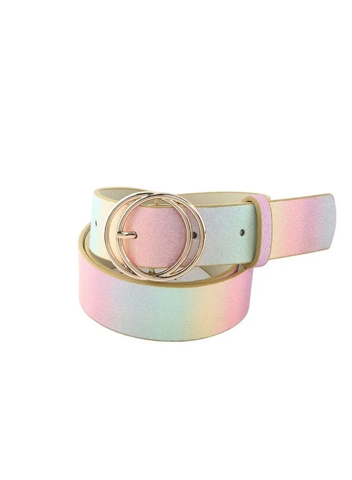 Girls Glitter Rainbow Belt Pu Leather Waist Belt Adjustable Casual Jeans Belt With Metal Buckle For Women