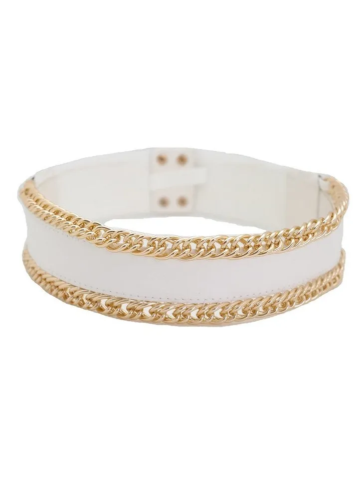 Women White Wide Fashion Belt Elastic Waistband Gold Metal Chain Links Size S Silver One Size