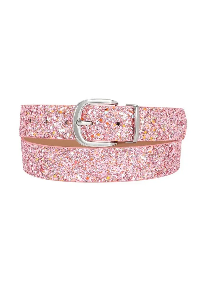 Women Shiny Bling Sequins Pu Leather Waist Belt For Jeans Dress With Silver Pin Buckle Pink Fit Waist Size 3842 Inches