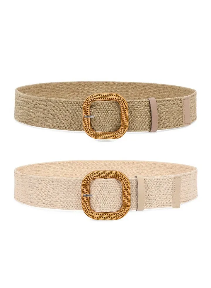 2 Pack Straw Woven Elastic Belt Braided Stretch Wide Belt For Women Dress