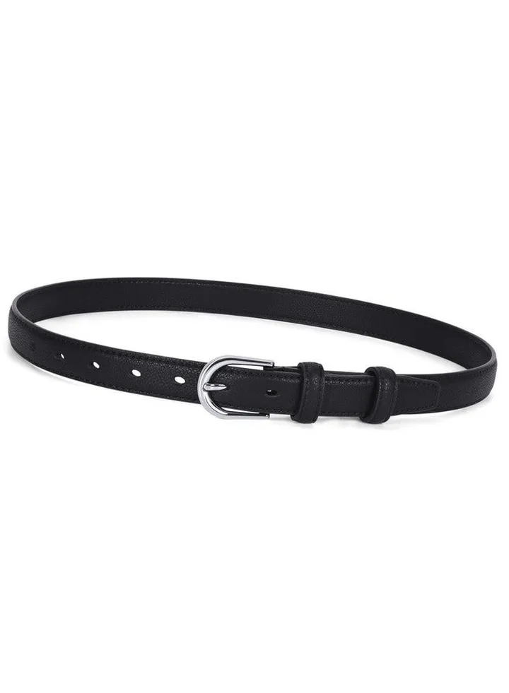 Women Leather Skinny Belt For Dress Black Adjustable Waist Belt For Lady (Silver Blackfit Size 3034 Inch)