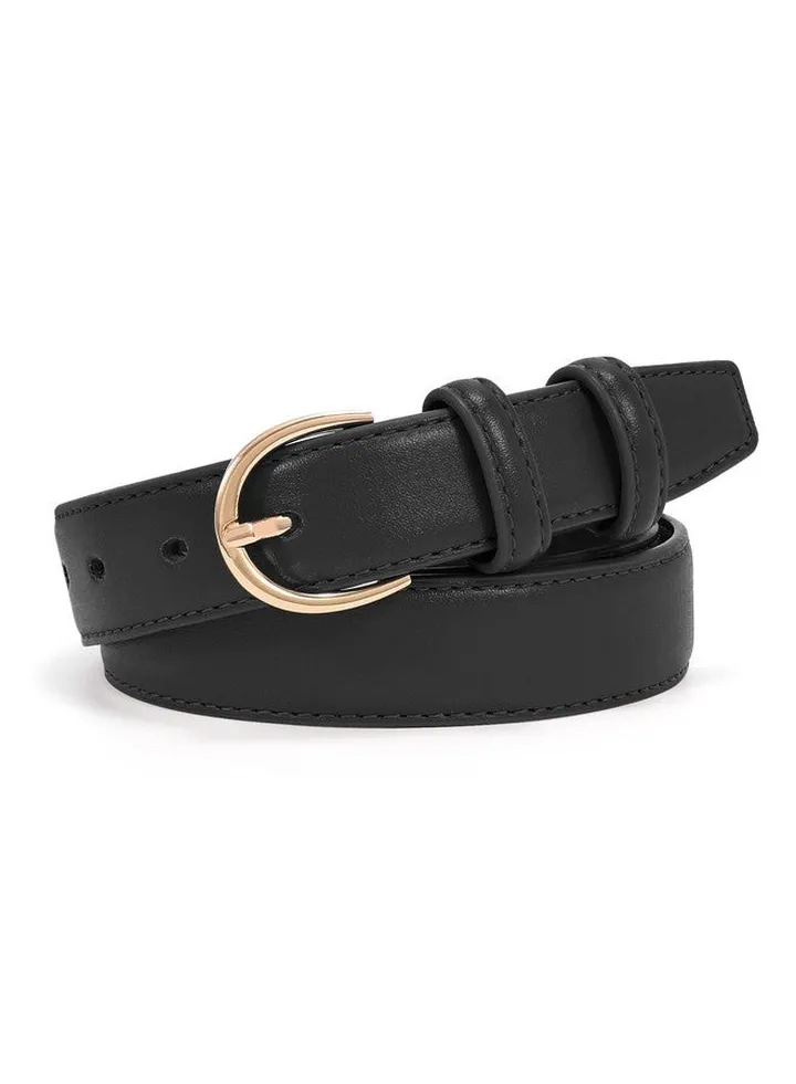 Women'S Black Leather Belt For Jeans Pants Fashion Gold Buckle Ladies Dress Belt(Blackfit Size 30"34")