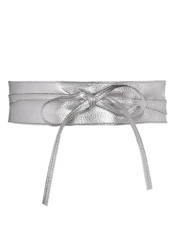 Women Soft Leather Obi Belt Self Tie Wrap Cinch Beltsilver